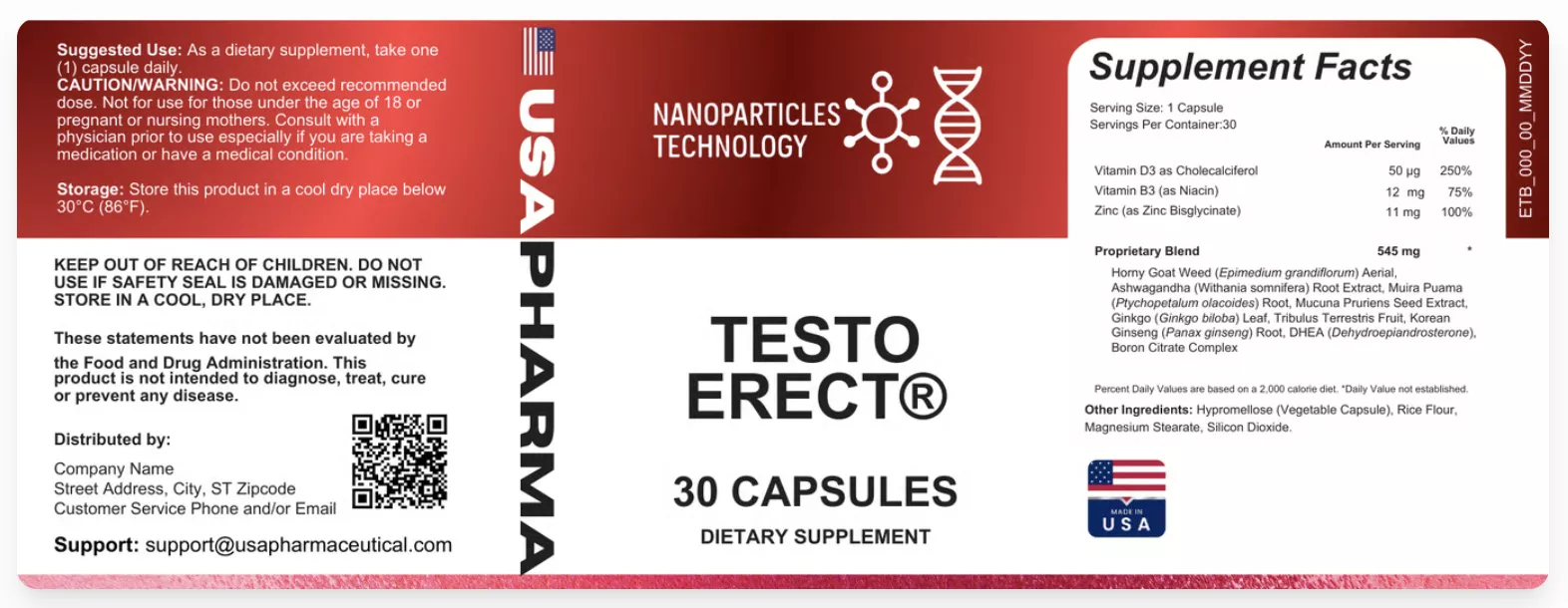 TestoErect full product label with supplement facts panel